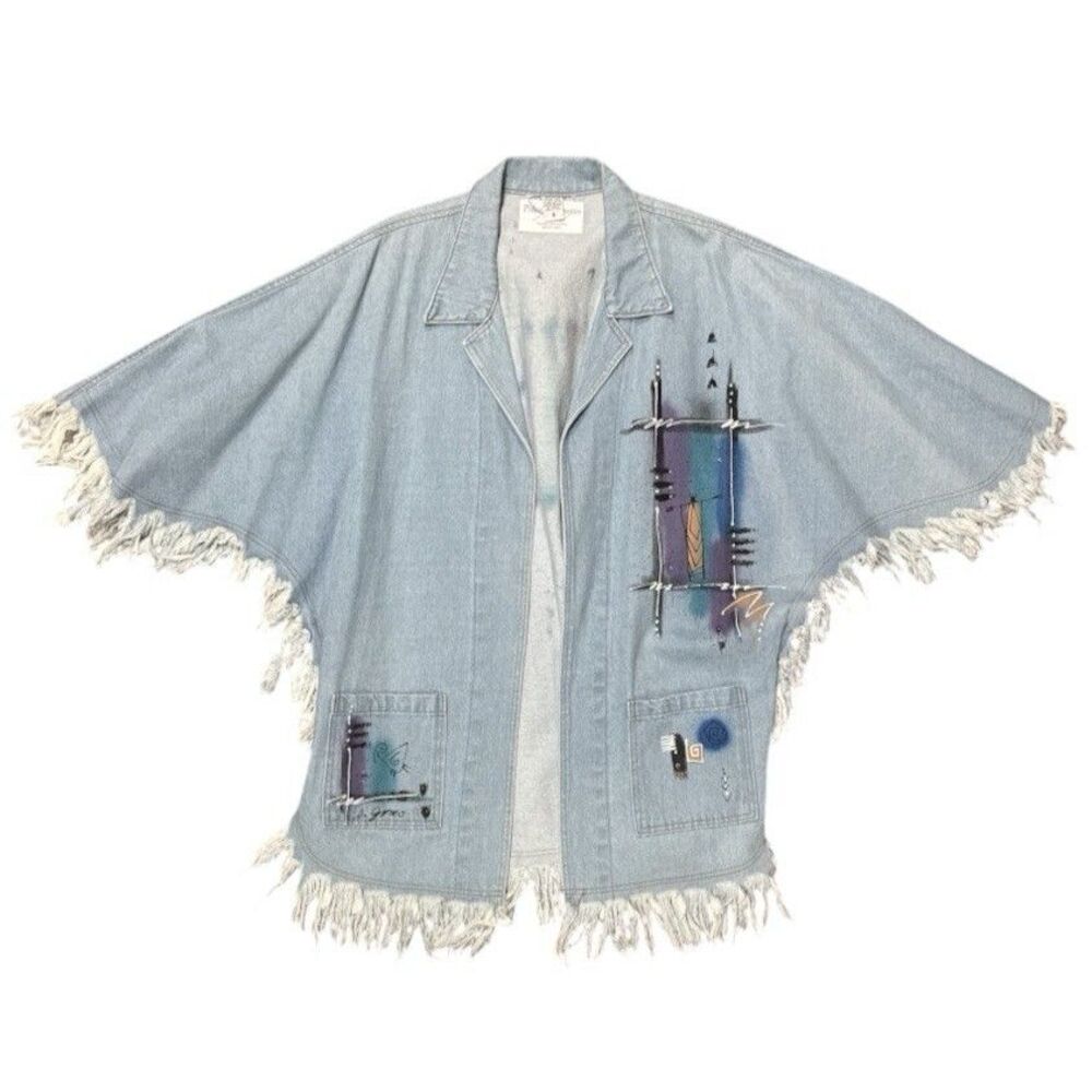 Vintage 90s Denim Fringe Jacket OS Wearable Art Cape Santa Fe Southwestern USA